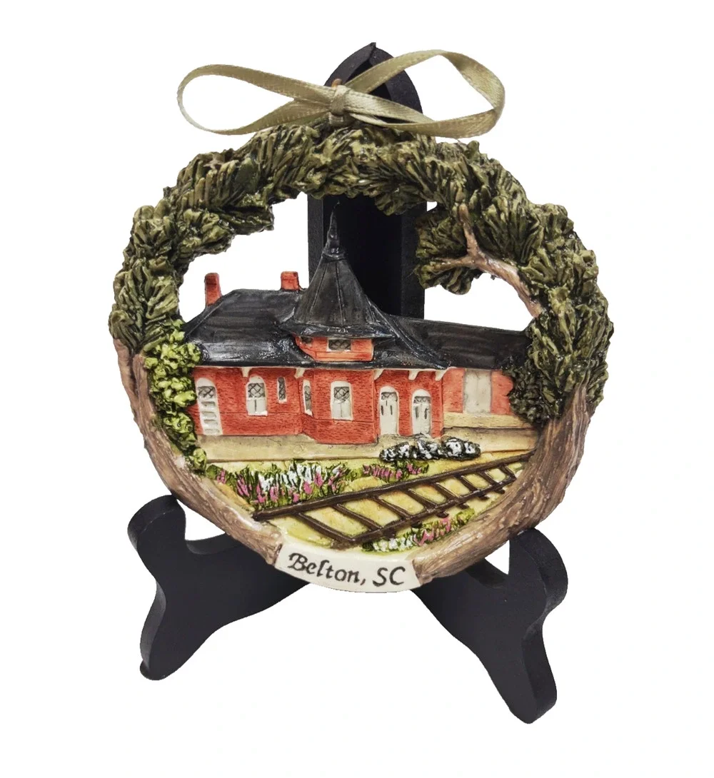 VTG Hestia Handmade Signed Ameriscape Xmas Ornament Belton SC Depot with Stand